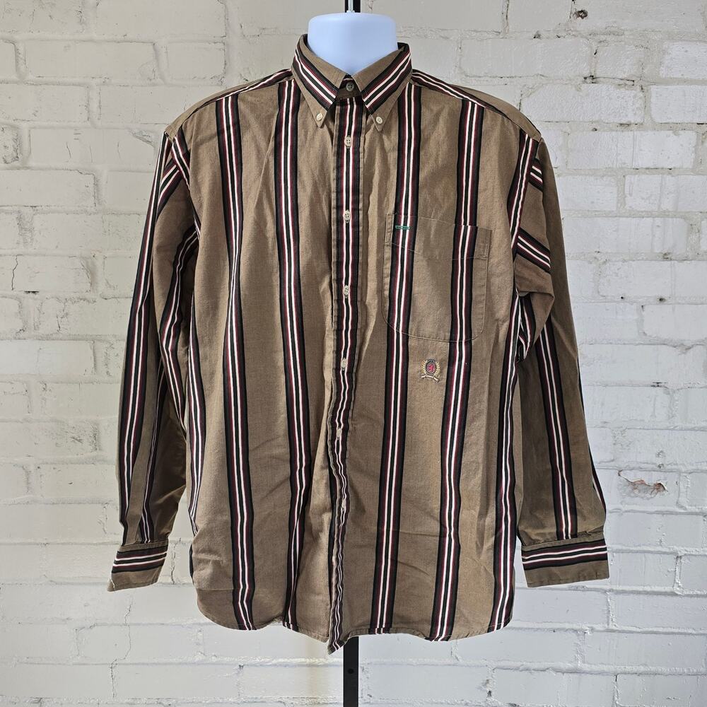 ​Vintage 90s Tommy Hilfiger Striped Button Down Shirt Crest Logo┃ Old Money Prep